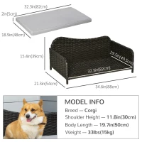 PawHut Rattan Pet Sofa for Large & Medium Dogs, Indoor & Outdoor Raised Wicker Dog Bed, Cat Couch, with Soft Washable Cushion, Charcoal Grey(m-3)