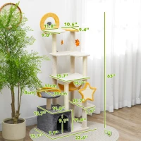 PawHut 63 Inch Moon and Star Themed Cat Tree with Scratching Post, Hammock, Condo, Bed, Scratching Board & Cat Toys, Beige(m-3)