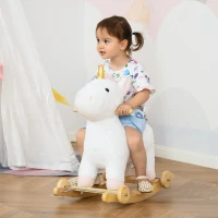 Qaba 2 in 1 Kids Rocking Horse, Rolling Unicorn with Sound, Wooden Base, Pedal, Grip Handle, for 3-6 Years Old, White(m-2)