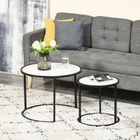 HOMCOM Round Nesting Coffee Table Set of 2, Stacking Modern Accent Tables with Faux Marble Tabletop and Metal Frame for Living Room, White(m-1)