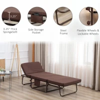HOMCOM Rollaway Bed, Folding Bed with 3.25" Mattress, Portable Foldable Guest Bed with Adjustable Backrest, Steel Frame and Wheels, Brown(m-7)