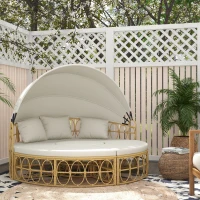 Outsunny Patio Furniture Set, Round Outdoor Daybed with Retractable Canopy, Hollow Wicker PE Rattan Sectional Sofa with Washable Couch Cushions for Pool, Lawn, Cream White(m-10)