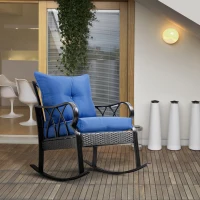 Outsunny Outdoor Wicker Rocking Chair with Padded Cushions, Aluminum Furniture Rattan Porch Rocker Chair w/ Armrest for Garden, Patio, and Backyard, Blue(m-2)