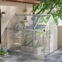 Outsunny 6' x 8' Walk-in Polycarbonate Greenhouse Aluminium Green House with 2 PC Panel Types, 5-Level Roof Vent, Rain Gutter
