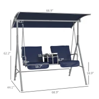 Outsunny 2-Seater Outdoor Porch Swing with Canopy and Table, Patio Swing Chair for Garden, Poolside, Backyard, Dark Blue(m-3)