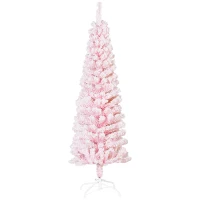 HOMCOM 5ft Flocked Christmas Tree, Pencil Christmas Tree with Realistic Branch Tips, Folding Metal Stand, Pink(m-11)