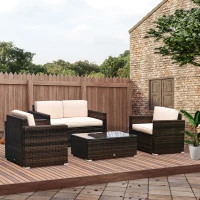 Outsunny 4 Piece Wicker Patio Furniture Set with Cushions, Outdoor Sectional Furniture with 2 Sofa, Loveseat, and Glass Top Coffee Table, Conversation Sofa Sets for Garden, Beige(m-2)