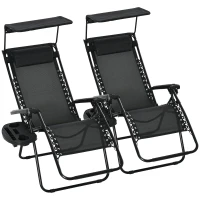 Outsunny 2 Piece Foldable Lounge Chair with Canopy Shade, Outdoor Zero Gravity Chair w/ Side Tray & Cup Holder, Reclining Lounger w/ Breathable Mesh Fabric Seat, Pillow, Black(m-11)