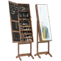 HOMCOM Lockable Jewellery Armoire with LED Light, Standing Mirror with Storage for Bedroom Dressing Room, Rustic Brown(m-2)