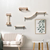 PawHut Indoor Cat Activity Tree 4-Piece Set, Mounted Pet Climbing Perches, Kitten Center with Feeding Station, Hammock Stairs, Scratching Post, Jumping Platform, Beige(m-10)