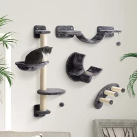PawHut Cat Wall Shelf with Scratching Post, Play Balls, Platforms, Dark Grey(m-1)