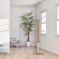 PawHut Floor-to-Ceiling Cat Tree Cat Climbing Tower with Sisal-Covered Scratching Posts Natural Cat Tree Activity Center for Kittens Cat Tower Furniture, Light brown(m-10)