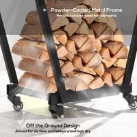 Outsunny Firewood Rack with Wheels, Metal Log Holder with Kindling and Tool Hooks, Indoor/Outdoor, 31.1" x 11.8" x 31.9", Black(m-5)