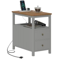 HOMCOM Side Table with Charging Station and USB Ports, Narrow End Table with Drawers, Shelf for Living Room, Gray(m-11)