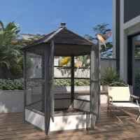 PawHut 69" Wooden Hexagonal Outdoor Aviary Flight Bird Cage With Covered Roof, Light Gray(m-10)