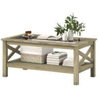HOMCOM Coffee Table with Tempered Glass Tabletop, Living Room Table with Wood Frame and Underneath Storage Shelf, Gray(m-1)