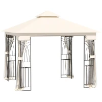 Outsunny 10'x10' Soft-top Patio Gazebo with Double Tier Roof, Mesh Curtains, Display Shelves, Top Hooks, Cream(m-11)