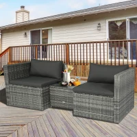 Outsunny 3 Pieces Patio PE Rattan Bistro Set Cushioned Armchair Sofa and Coffee Table Outdoor Furniture(m-8)