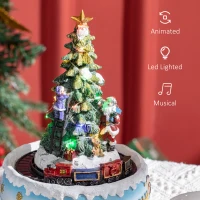 HOMCOM Animated Christmas Village with Relief Base Pre-lit Musical Collectable Decor with Moving Train Winter Wonderland Set for Indoor Holiday Displays(m-7)