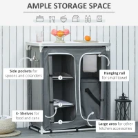 Outsunny Aluminum Camping Table, Camping Kitchen Station Cook Cupborad with 3-Shelf, Storage Organiser for BBQ Party Picnic Grey(m-7)