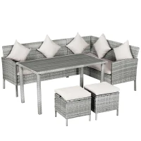 Outsunny 5 Pieces Wicker Patio Conversation Dining Furniture Set with Cushions, Table and Ottomans, Beige(m-2)