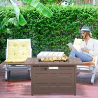 Outsunny 42 Inch Outdoor Propane Gas Fire Pit Table, 50,000 BTU Auto-Ignition Rectangular Gas Firepit with Slat Tabletop, Lid, Lava Rocks, Rain Cover, CSA Certification, Brown(m-10)