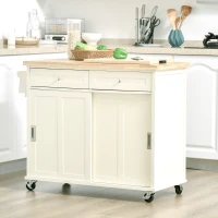 HOMCOM 43" Rolling Kitchen Island, Kitchen Storage Cart on Wheels with Sliding Doors, Cabinet, 2 Drawers, and Towel Rack, Cream White(m-2)