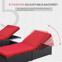 Outsunny Chaise Lounge Chair Set of 2 with 5 Angle Backrest, Outdoor Coffee Table, Water Repellent Cushions, PE Rattan Wicker Poolside Chairs, 3-Piece Pool Furniture Set, Dark Brown/Red(m-6)