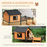 PawHut Outdoor Dog House with Porch, Wooden Dog Kennel with Water-resistant Asphalt Roof, Ladders, Fencing, Window, for Small and Medium Dog, Natural(m-6)