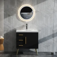 HOMCOM 24" Round Bathroom Mirror with LED Lights, Wall Mounted Vanity Mirror with Anti-Fog Pad, Time and Temp Display, Gold(m-10)