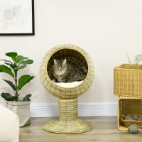 PawHut Elevated Cat Bed with Rotatable Egg Chair Pod, Cat Basket Bed with Thick Cushion, Natural Mat Grass Woven Kitty House, Yellow(m-7)