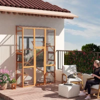 PawHut Wooden Catio Outdoor Cat Enclosure with 6 Jumping Platforms, Scratching Post, 2 Ramps, Waterproof Roof, for 2-3 Kittens(m-8)