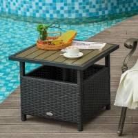 Outsunny 22" Outdoor Side Table with Umbrella Hole, Rattan Wicker End Table with Sand Bag and Steel Frame for Outdoor, Patio, Garden, Backyard, Black & Tan(m-2)
