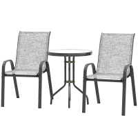 Outsunny 3 Pieces Bistro Set, Small Patio Furniture Set with Stackable Chairs and Glass Table for Backyard, Balcony, Gray