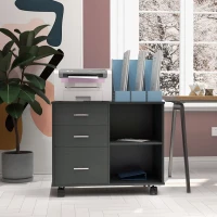 HOMCOM Modern Lateral Filing Cabinet, 3 Drawer File Cabinet for Letter and A4 Size Documents, Mobile, Printer Stand with Open Shelves, Rolling Wheels, Black(m-7)