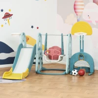 Qaba 5 in 1 Toddler Slide and Swing Set with Adjustable Seat Height and Basketball Hoop, Ring Toss Game, Freestanding Kids Climber Slide Playset with Basket Ball for Indoor Playground 18-60 Months(m-2)