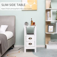 HOMCOM Slim End Table with 2 Drawers and Storage Shelf, Sofa Side Table for Living Room, Narrow Nightstand, White(m-5)