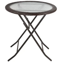 Outsunny 26.8" Dia. (68 Dia. cm) Folding Round Tempered Glass Metal Table with Brown Rattan Edging, Brown(m-2)