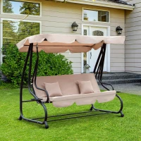 Outsunny 3-Seat Outdoor Patio Swing Chair, Converting Flatbed, Outdoor Swing Glider with Adjustable Canopy, Removable Cushion and Pillows, for Porch, Garden, Poolside, Backyard, Light Brown(m-10)