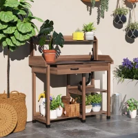 Outsunny Potting Bench Table, Outdoor Garden Table Wooden Work Station with Removable Sink, Faucet, Drawer, Shelves, Hooks, Dark Brown(m-2)