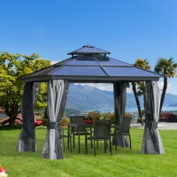 Outsunny 10' x 10' Hardtop Gazebo Canopy with Polycarbonate Roof, Aluminum Frame, Permanent Pavilion Outdoor Gazebo with Netting, for Patio, Garden, Backyard, Deck, Lawn, Gray(m-10)