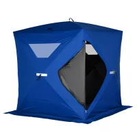 Outsunny 2-4 Person Pop-up Ice Fishing Tent Portable Ice Fishing Shelter with Windproof Windows and Carrying Bag Hub Fish Shelter, Blue(m-11)