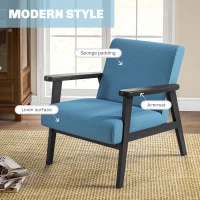 HOMCOM Mid-Century Modern Accent Chair Retro Fabric Armchair Wooden Arm Upholstered Lounge Chair for Living Room Blue(m-4)