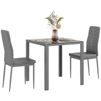 HOMCOM 3-Piece Rectangular Glass Kitchen Table and Chairs with Metal Frame and Faux Leather Upholstery for Dining Room, Grey(m-11)