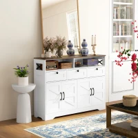 HOMCOM White Sideboard 47.2" Buffet Cabinet with 4 Barn Doors and 3 Drawers, Coffee Bar Cabinet with Adjustable Shelves(m-8)