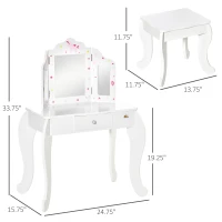 Qaba Kids Vanity Table and Stool, Makeup Vanity Girls Dressing Table Set with Tri-folding Mirrors Drawer Star and Heart Pattern, White(m-3)