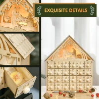 HOMCOM Christmas Advent Calendar, Light Up Manger Scene Tabletop Xmas Wooden House Holiday Decoration with Countdown Drawer, Bible Characters, for kids Adults(m-6)