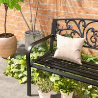 Outsunny 50" Outdoor Bench, Metal Garden Bench with Floral Pattern Backrest, Porch Bench with Slatted Seat for Park, Yard, Lawn, Black(m-9)