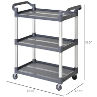 HOMCOM 3-Tier Utility Cart Large Rolling Storage Trolley with 3 Shelves Metal Clean Service Cart, Restaurant, Hotel, Livingroom, Silver and Grey(m-3)