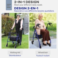 HOMCOM Folding Aluminum Rollator Walker with Adjustable Handle Height, Cushioned Flip Up Seat and Convenient Storage Bag, Rolling Wheels with 2 Barker, Blue(m-5)